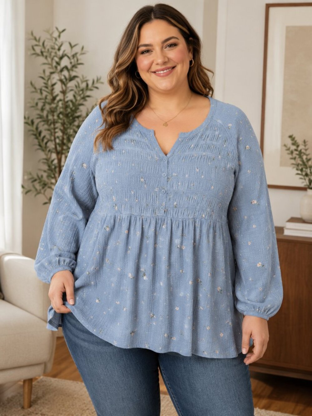 Torrid Blue Floral Waffle Knit Babydoll Tunic Top Size 2